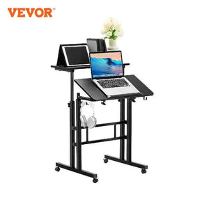 Adjustable sit-stand desk with 360° swivel wheels, tiltable desktop, and spacious platforms for home office use.