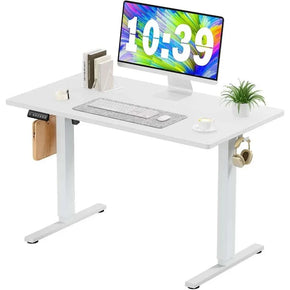 Electric adjustable desk with 40 x 24 inch white tabletop, featuring height adjustment controls and office setup accessories.