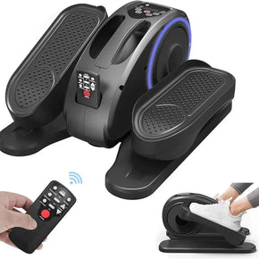 Portable under desk elliptical with remote control, large non-slip pedals, and LCD display monitor.