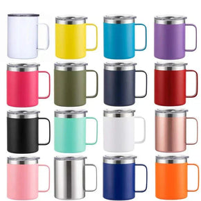 Double wall stainless steel coffee mugs in various colors, insulated thermos design, 12oz and 16oz sizes.