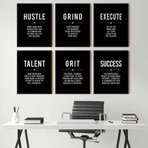 Inspire Motivational Wall Art set above desk in modern office space, featuring motivational words like Hustle, Grind, Execute, Talent, Grit, and Success.